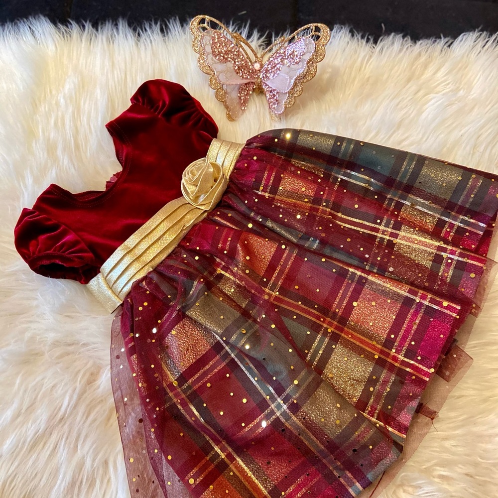 Bonnie Baby - Burgundy / Gold Plaid 18M Dress